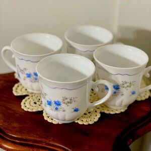 4 Arcopal France Milk Glass Cups Blue Flowers,Tan Leaf Yellow Bud